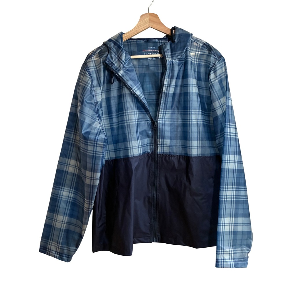Weatherproof Vintage Plaid Windbreaker Jacket M Blue Mens Waterproof Hooded TPU